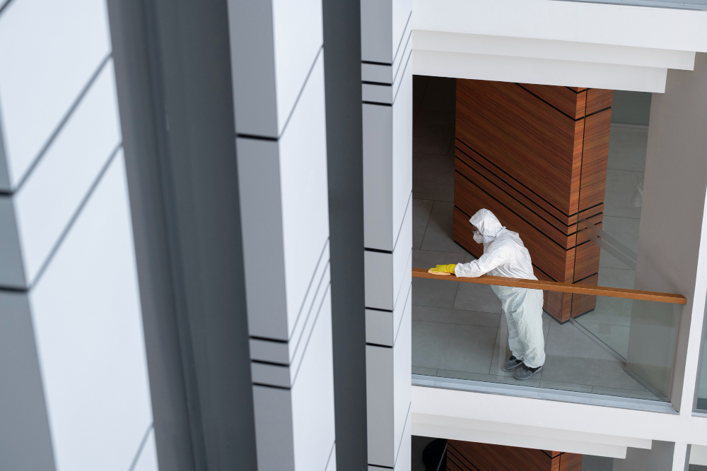 Technician in protective suit cleaning a commercial building interior