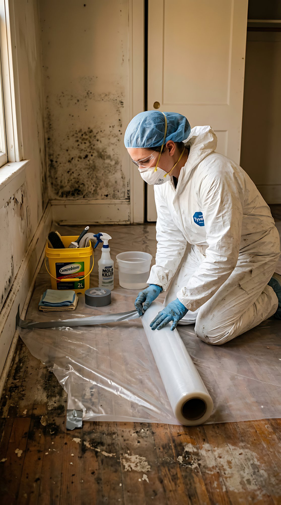 Technician laying plastic sheeting to contain a room before mould removal