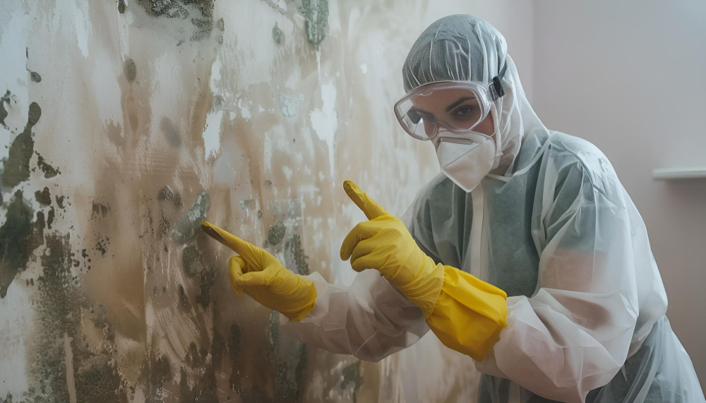 Inspector in protective gear pointing out mould growth on a wall
